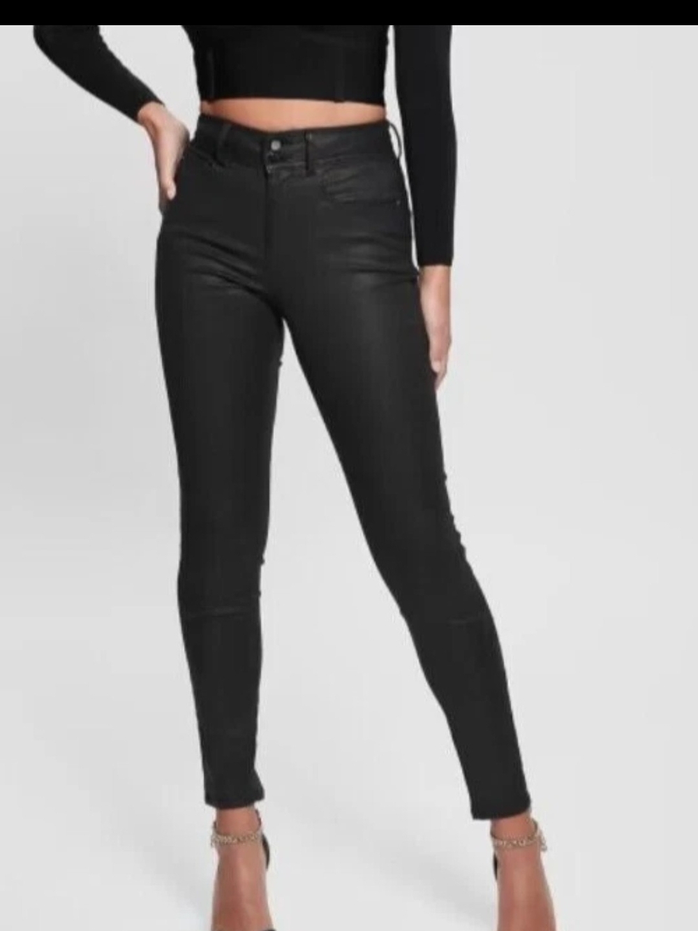 GUESS 1981 Power Skinny Slim Women Jeans Denim Coated Black Leathery size 30 New
